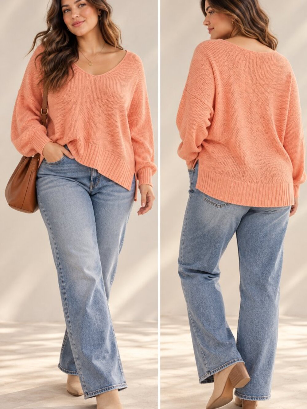 Lucky Brand Coral Peach V-Neck Knit Pullover Sweater XL